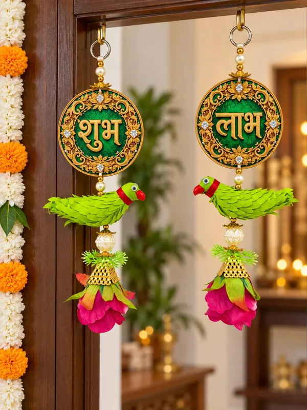 Acrylic_Festive_Shubh_Labh_Parrot_Door_Hanging