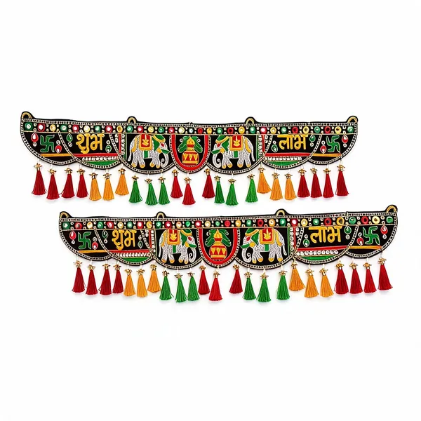 Shubh_Labh_Door_Hanging_Toran_With_Mirror_Work_Embroidered_Elephant_Kalash_Design_Decorative_Bandhanwar_For_Entrance_Puja_Festival_Housewarming_Decor_36_X_7_Inch_-_Pack_of_2