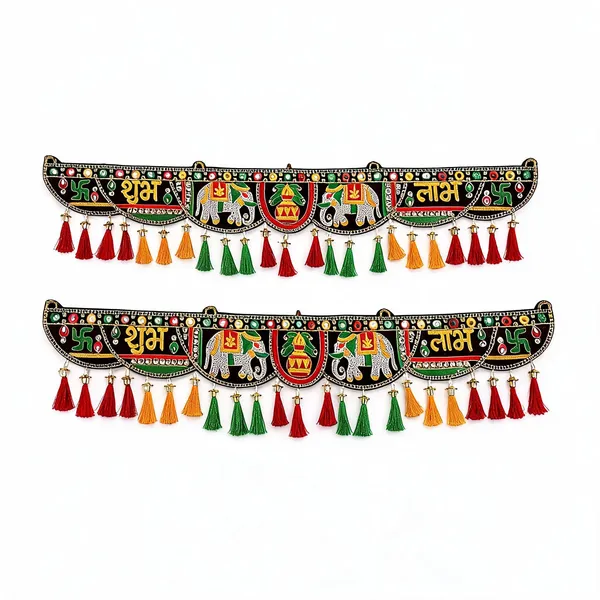 Shubh_Labh_Door_Hanging_Toran_With_Mirror_Work_Embroidered_Elephant_Kalash_Design_Decorative_Bandhanwar_For_Entrance_Puja_Festival_Housewarming_Decor_36_X_7_Inch_-_Pack_of_2
