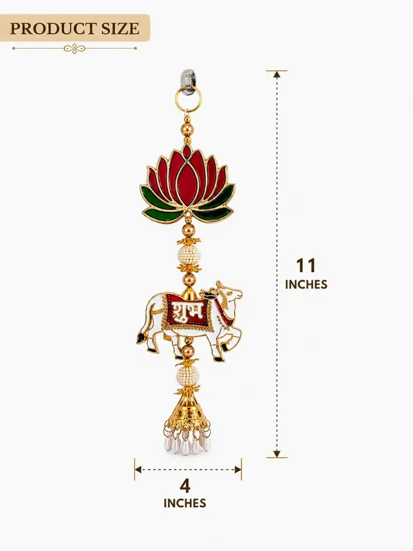 Shubh_Labh_Cow_Lotus_Door_Hanging_Wall_Decor_Metal_Enamel_Work_with_Pearl_Beads_Traditional_Festive_Home_Temple_Decoration_Gift_Item_(Set_of_2_Gold_Red_Green_4x11x1_Inch)