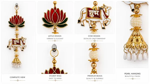 Shubh_Labh_Cow_Lotus_Door_Hanging_Wall_Decor_Metal_Enamel_Work_with_Pearl_Beads_Traditional_Festive_Home_Temple_Decoration_Gift_Item_(Set_of_2_Gold_Red_Green_4x11x1_Inch)