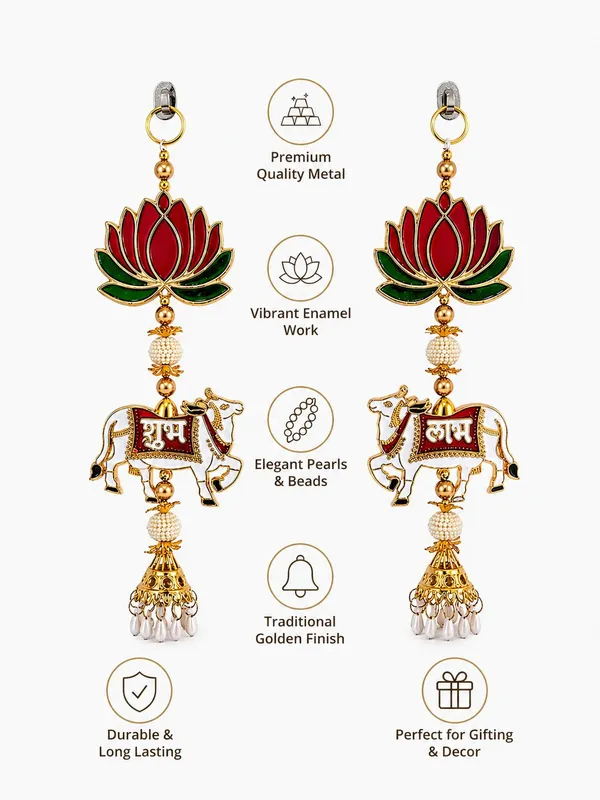 Shubh_Labh_Cow_Lotus_Door_Hanging_Wall_Decor_Metal_Enamel_Work_with_Pearl_Beads_Traditional_Festive_Home_Temple_Decoration_Gift_Item_(Set_of_2_Gold_Red_Green_4x11x1_Inch)
