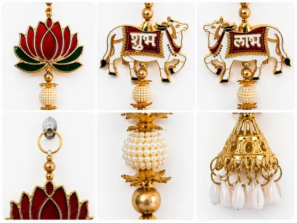 Shubh_Labh_Cow_Lotus_Door_Hanging_Wall_Decor_Metal_Enamel_Work_with_Pearl_Beads_Traditional_Festive_Home_Temple_Decoration_Gift_Item_(Set_of_2_Gold_Red_Green_4x11x1_Inch)