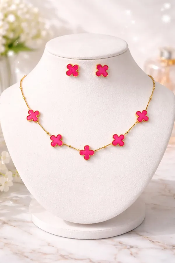 Gold_Pink_Alloy_Clover_Pendant_Indian_Necklace_Set_For_Women