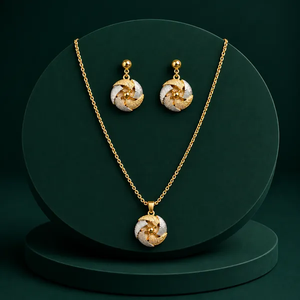 Gold_Alloy_Floral_Round_Pendant_Necklace_And_Earrings_Set_For_Women