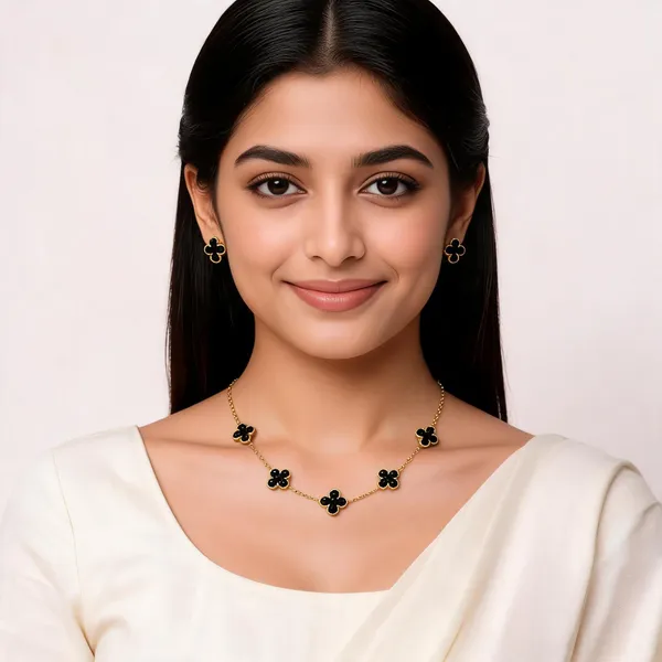 Gold_Black_Alloy_Clover_Pendant_Indian_Necklace_Set_For_Women