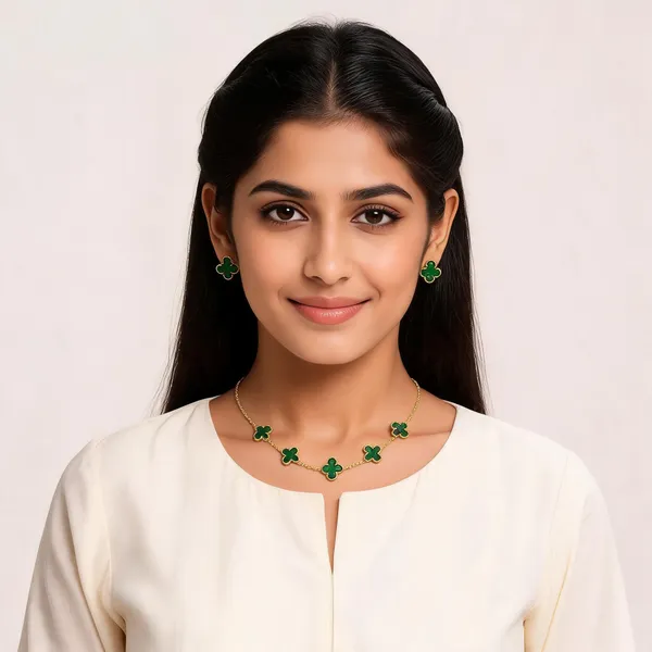 Gold_Green_Alloy_Clover_Pendant_Indian_Necklace_Set_For_Women