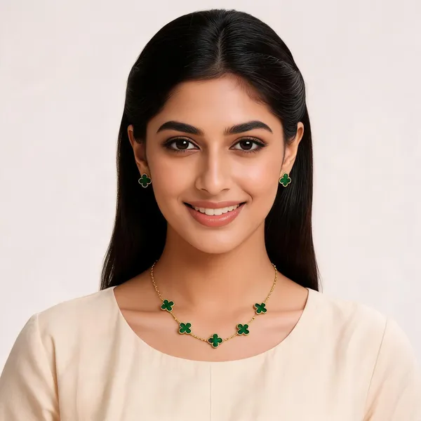 Gold_Green_Alloy_Clover_Pendant_Indian_Necklace_Set_For_Women