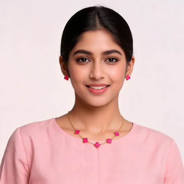 Gold_Pink_Alloy_Clover_Pendant_Indian_Necklace_Set_For_Women