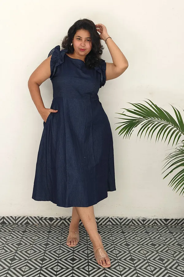 Blue_Cotton_Denim_Boat_Neck_Frill_Shoulder_Dress_For_Women