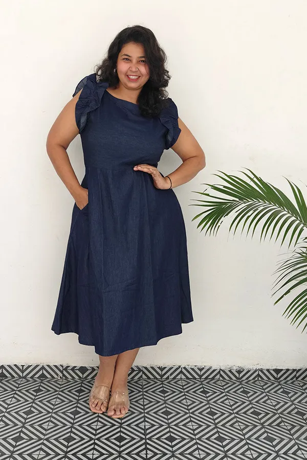 Blue_Cotton_Denim_Boat_Neck_Frill_Shoulder_Dress_For_Women