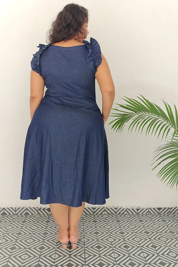 Blue_Cotton_Denim_Boat_Neck_Frill_Shoulder_Dress_For_Women