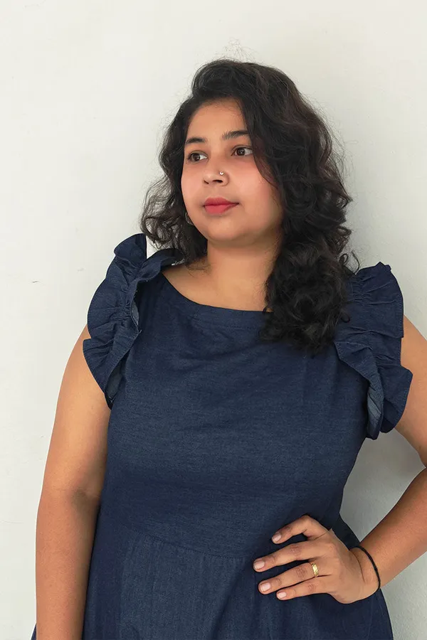 Blue_Cotton_Denim_Boat_Neck_Frill_Shoulder_Dress_For_Women