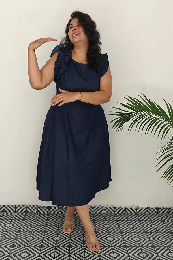 Blue_Cotton_Denim_Boat_Neck_Frill_Shoulder_Dress_For_Women