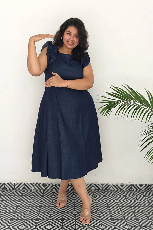 Blue_Cotton_Denim_Boat_Neck_Frill_Shoulder_Dress_For_Women