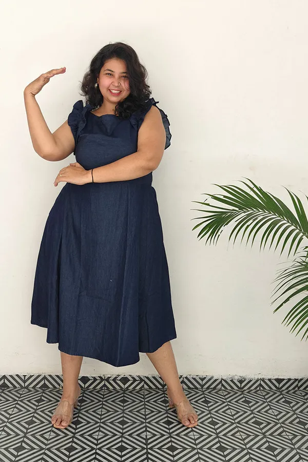 Blue_Cotton_Denim_Boat_Neck_Frill_Shoulder_Dress_For_Women