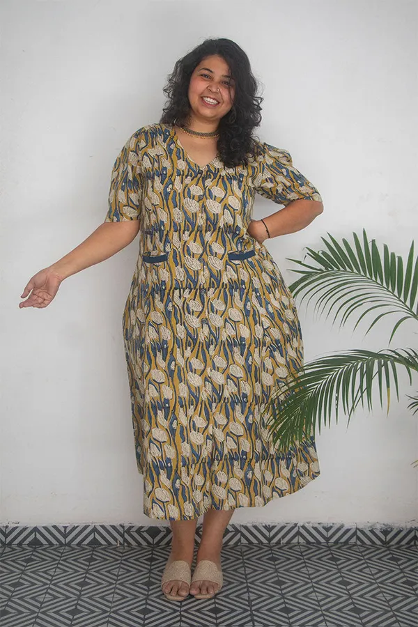 Multicolour_Pure_Cotton_Hand_Block_Printed_V-Neck_Front_Pocket_Dress_For_Women
