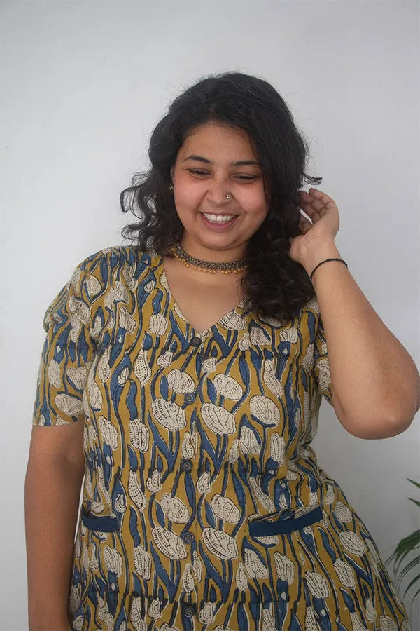 Multicolour_Pure_Cotton_Hand_Block_Printed_V-Neck_Front_Pocket_Dress_For_Women
