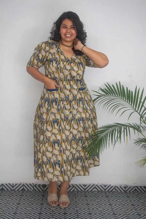 Multicolour_Pure_Cotton_Hand_Block_Printed_V-Neck_Front_Pocket_Dress_For_Women