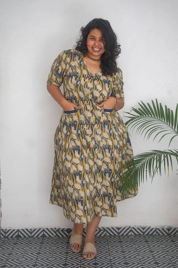 Multicolour_Pure_Cotton_Hand_Block_Printed_V-Neck_Front_Pocket_Dress_For_Women