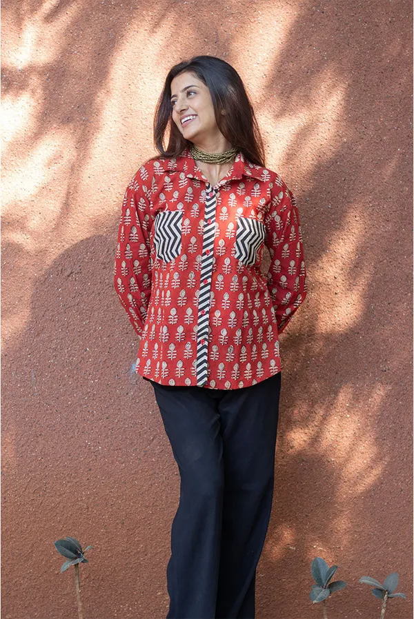 Rust_Pure_Cotton_Oversized_Block_Printed_Shirt_For_Women