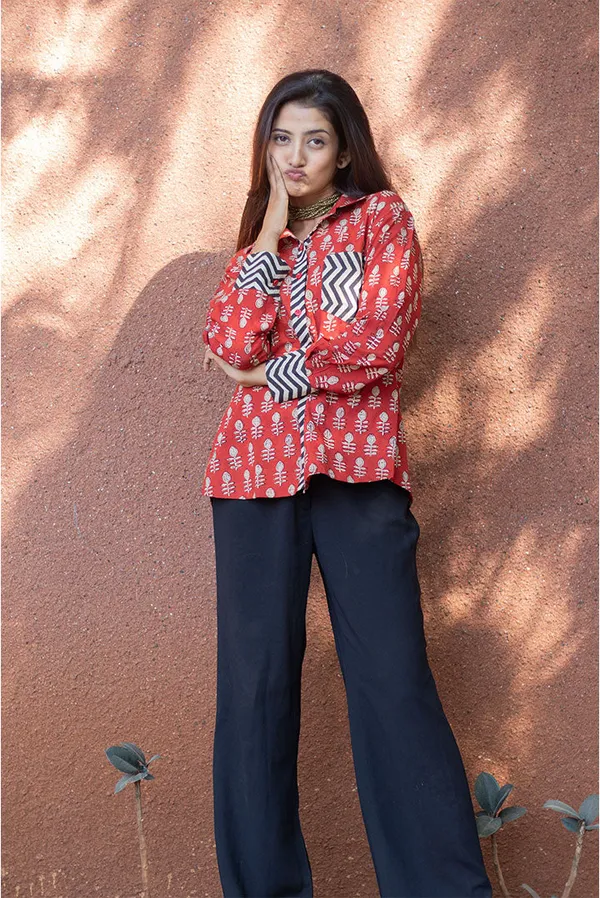 Rust_Pure_Cotton_Oversized_Block_Printed_Shirt_For_Women