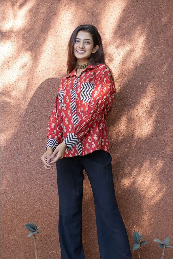 Rust_Pure_Cotton_Oversized_Block_Printed_Shirt_For_Women