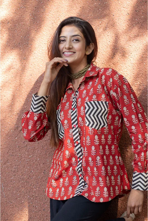 Rust_Pure_Cotton_Oversized_Block_Printed_Shirt_For_Women