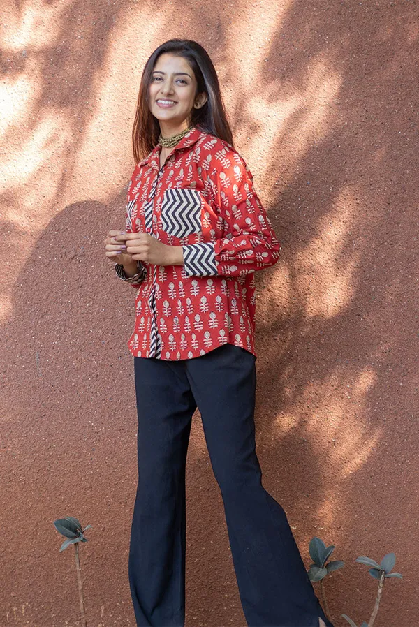 Rust_Pure_Cotton_Oversized_Block_Printed_Shirt_For_Women