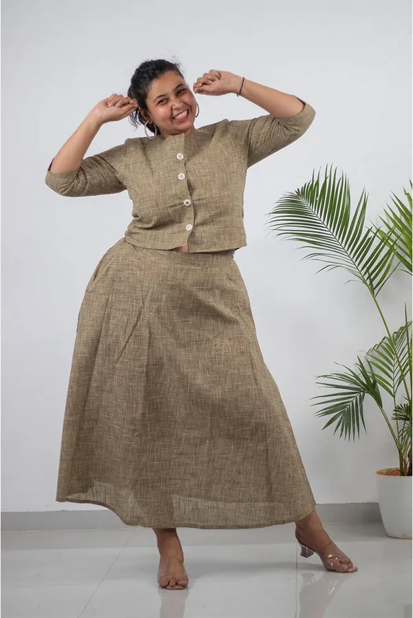 Grey_Pure_Cotton_Handloom_Jacket_Style_Co-Ord_Set_For_Women