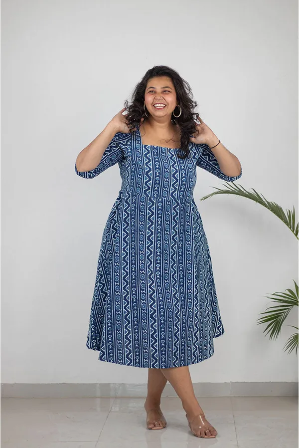Blue_Pure_Cotton_Zig_Zag_Block_Printed_Plus_Size_Dress_For_Women