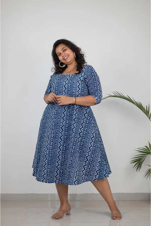 Blue_Pure_Cotton_Zig_Zag_Block_Printed_Plus_Size_Dress_For_Women