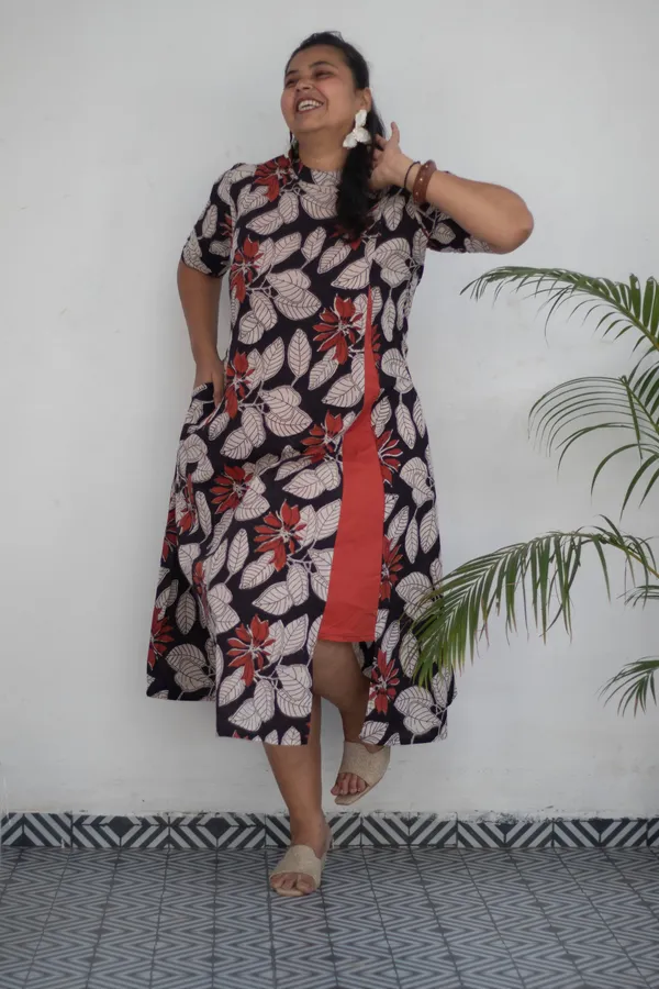 Multicolour_Pure_Cotton_High_Neck_Block_Printed_Plus_Size_Dress_For_Women
