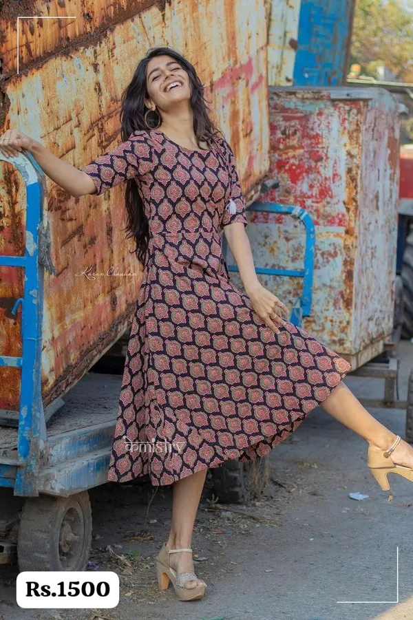 Multicolour_Pure_Cotton_Ajrakh_Print_Pom_Pom_Dress_For_Women