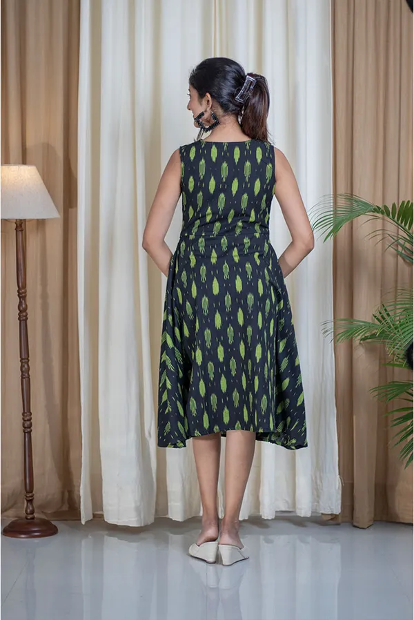Green_Ikhat_Cotton_Cowl_Neck_A-Line_Flare_Dress_For_Women