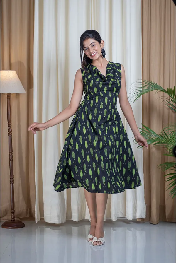 Green_Ikhat_Cotton_Cowl_Neck_A-Line_Flare_Dress_For_Women