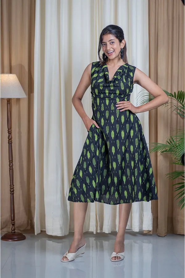 Green_Ikhat_Cotton_Cowl_Neck_A-Line_Flare_Dress_For_Women