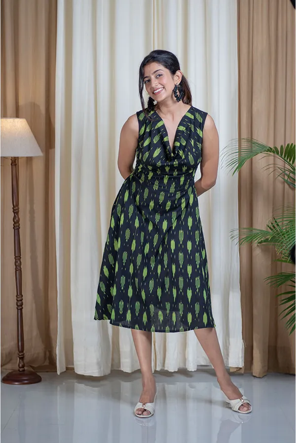 Green_Ikhat_Cotton_Cowl_Neck_A-Line_Flare_Dress_For_Women