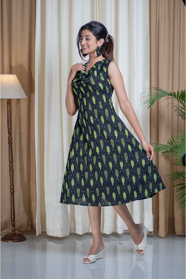 Green_Ikhat_Cotton_Cowl_Neck_A-Line_Flare_Dress_For_Women