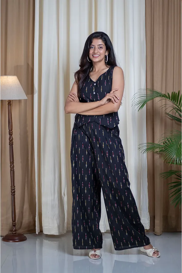 Blue_Pure_Cotton_Ikat_Vest_V-Neck_Palazzo_Co-Ord_Set_For_Women
