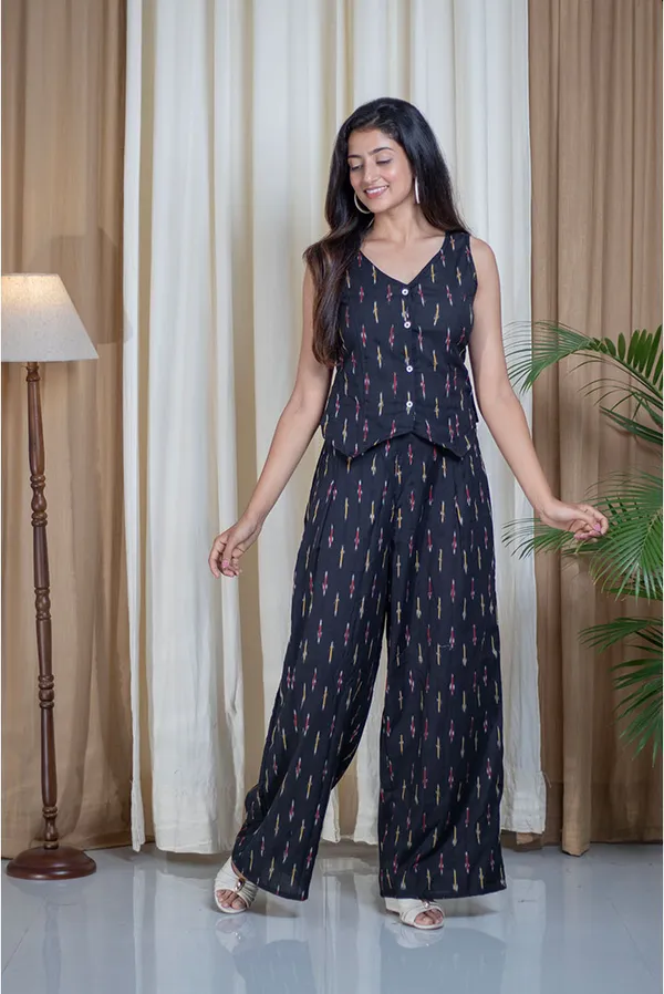 Blue_Pure_Cotton_Ikat_Vest_V-Neck_Palazzo_Co-Ord_Set_For_Women