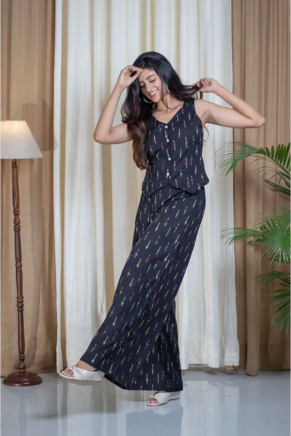 Blue_Pure_Cotton_Ikat_Vest_V-Neck_Palazzo_Co-Ord_Set_For_Women