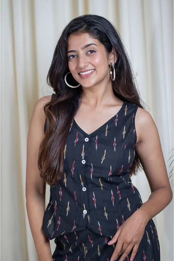Blue_Pure_Cotton_Ikat_Vest_V-Neck_Palazzo_Co-Ord_Set_For_Women
