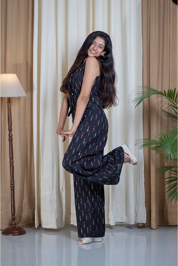 Blue_Pure_Cotton_Ikat_Vest_V-Neck_Palazzo_Co-Ord_Set_For_Women