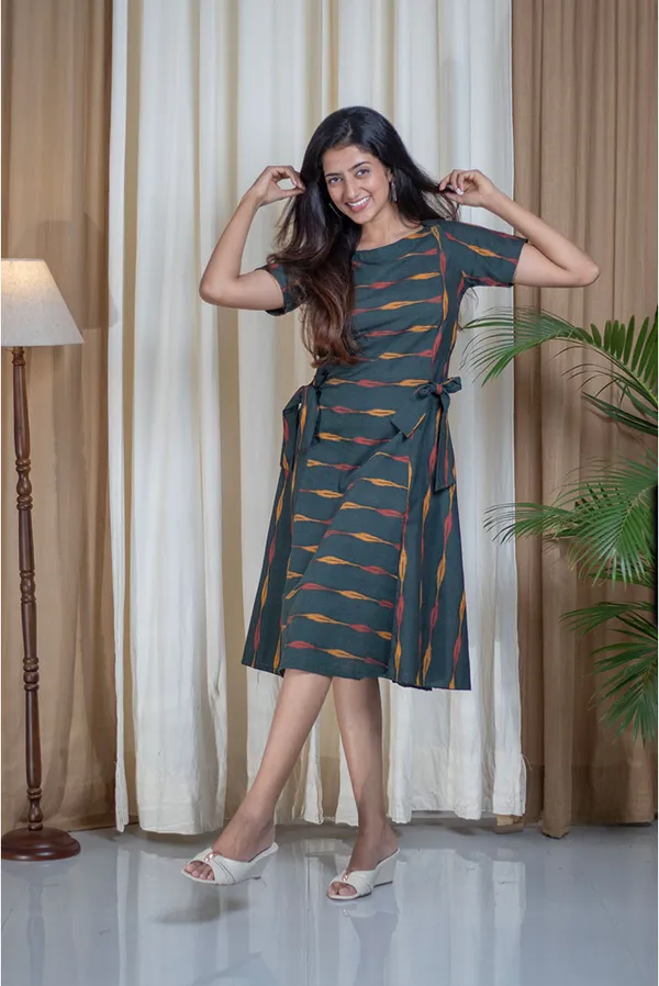 Multicolour_Ikhat_Cotton_Side_Tie_Boat_Neck_Dress_For_Women