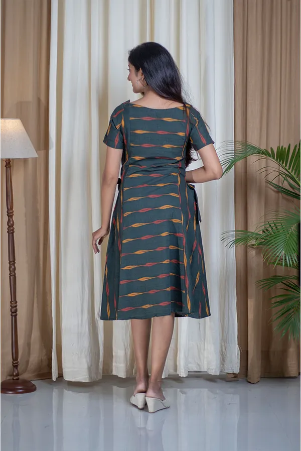 Multicolour_Ikhat_Cotton_Side_Tie_Boat_Neck_Dress_For_Women