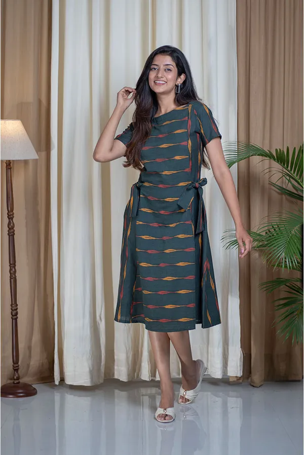 Multicolour_Ikhat_Cotton_Side_Tie_Boat_Neck_Dress_For_Women