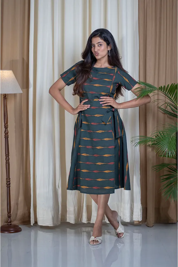 Multicolour_Ikhat_Cotton_Side_Tie_Boat_Neck_Dress_For_Women