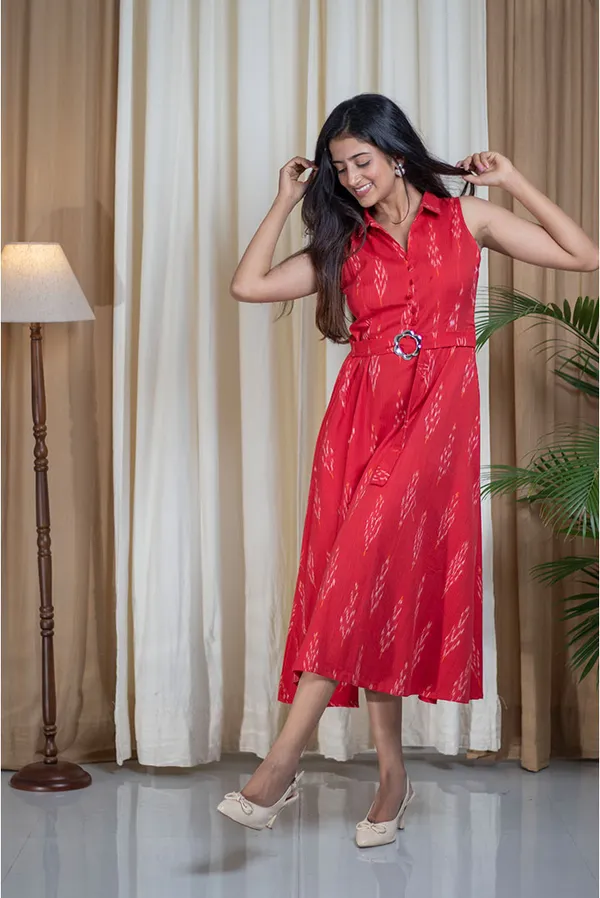 Red_Ikhat_Cotton_Shirt_Collar_Belted_Dress_For_Women