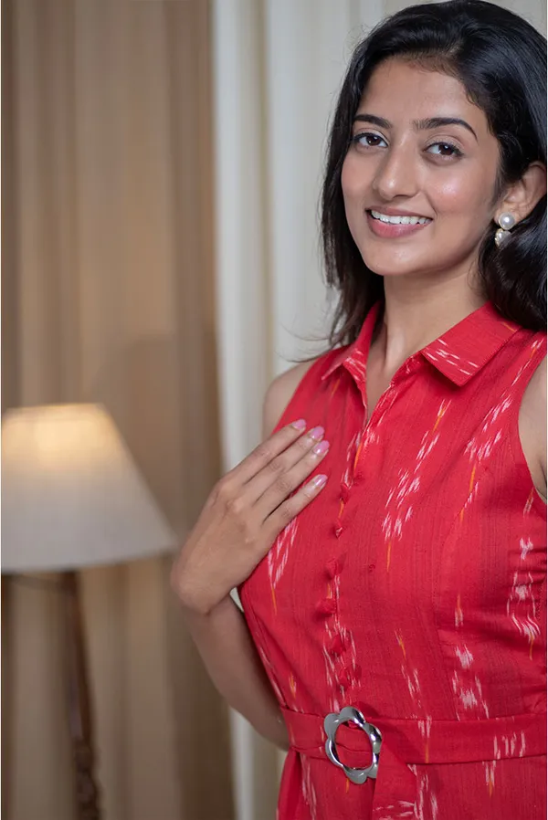 Red_Ikhat_Cotton_Shirt_Collar_Belted_Dress_For_Women